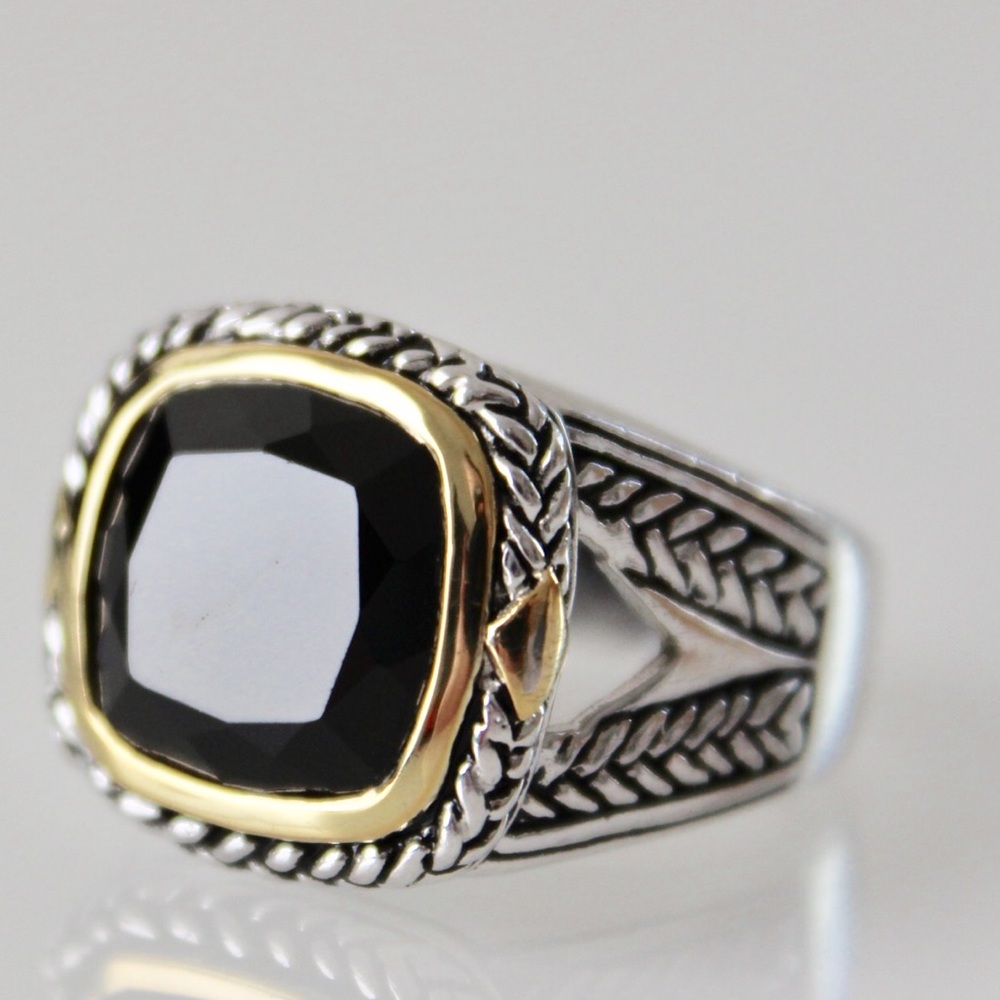 2-Tone Sterling Silver Faceted Black Onyx Ring